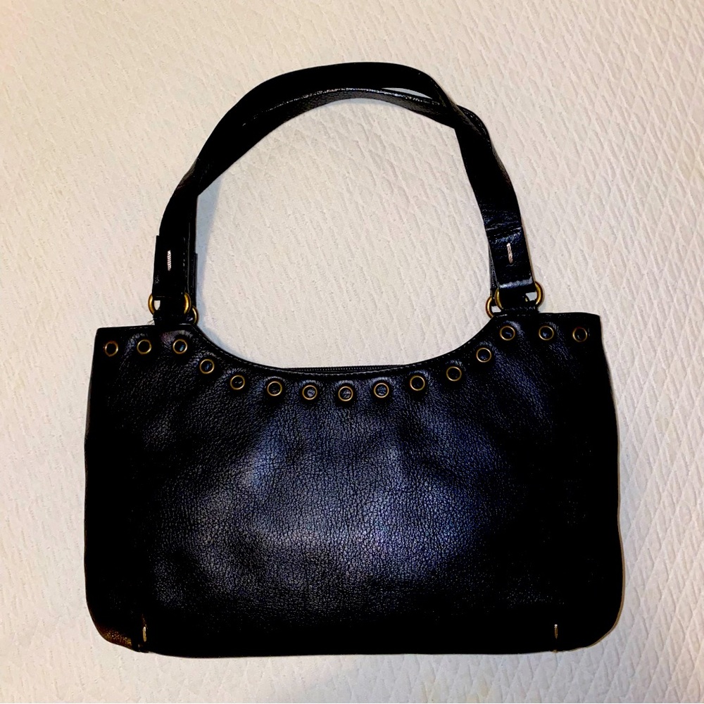 DANIER LEATHER 3in1 Curved Moon Handbag / Clutch - Brass Eyelet Grommets Studs